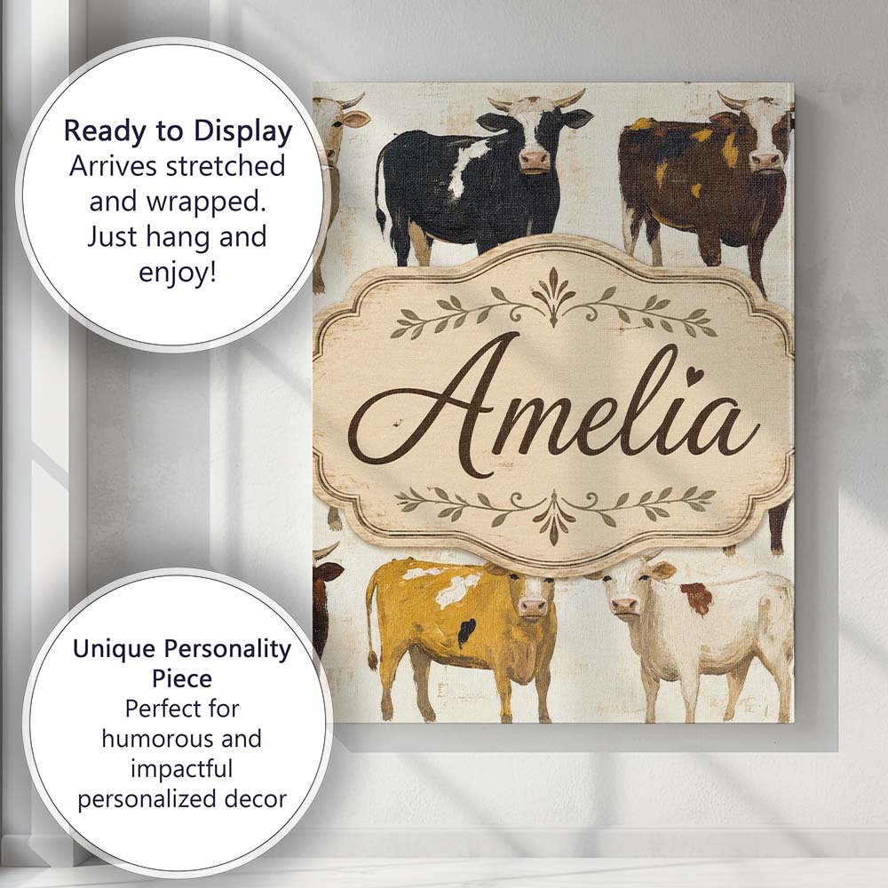 Personalised Name Classic Cow Herd Farm Custom  Modern Room Accent Elegant Feature Canvas Wall Art Print Decor Picture Ready to Hang