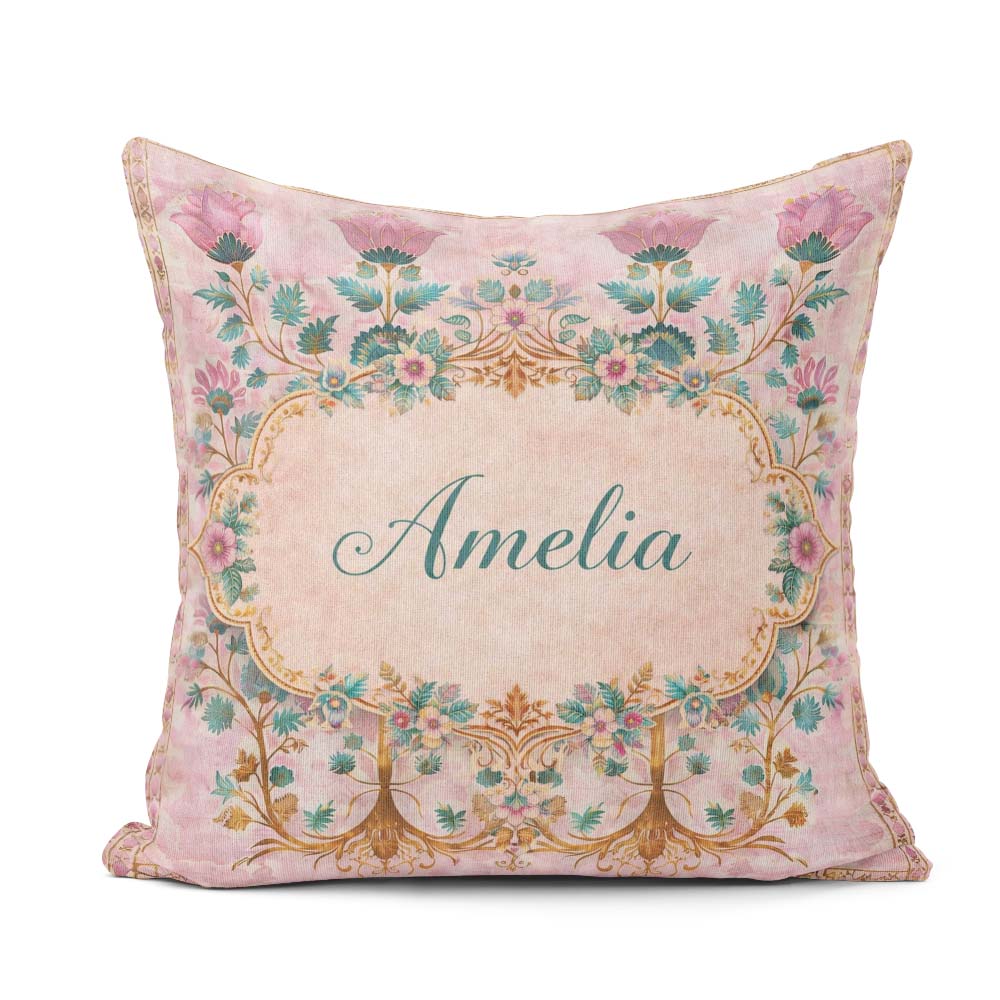 Custom Name Soft Pink Teal Tree of Life Floral Pattern Botanical Square Filled Cushion Throw Pillow Sofa Bed Home Decor Zip Washable UK Made