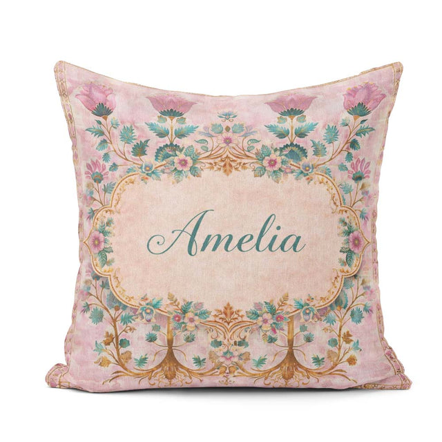 Custom Name Soft Pink Teal Tree of Life Floral Pattern Botanical Square Filled Cushion Throw Pillow Sofa Bed Home Decor Zip Washable UK Made