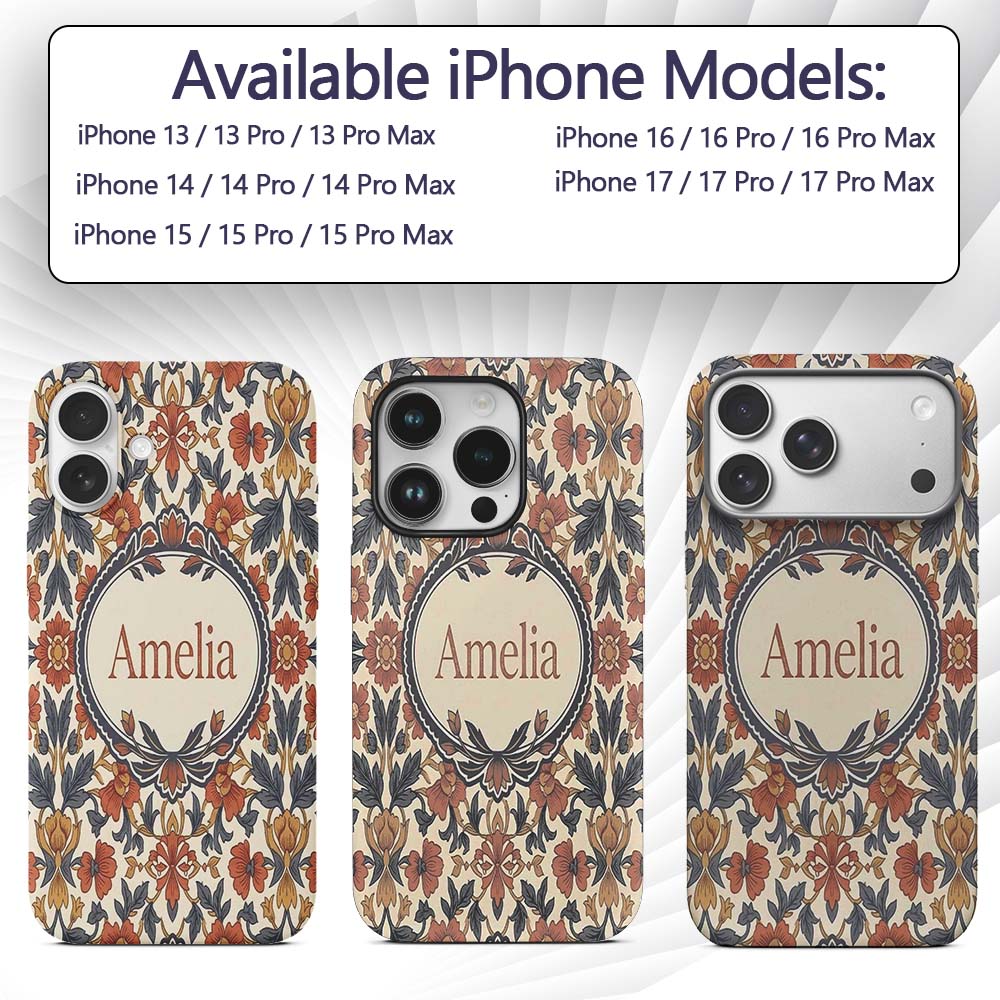 Vintage Botanical Floral Neutral Tones Elegant Custom Name Protective Phone Case Mobile Cover Durable Everyday Smartphone Shock Resistant