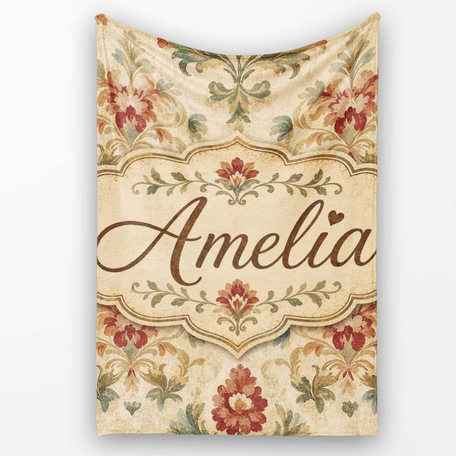 Vintage Damask Floral Motif Soft Neutral Background Seamless Pattern  Personalised Custom Name Super Soft Fleece Blanket Bed Sofa Throw