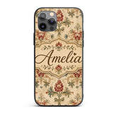 Vintage Damask Floral Motif Soft Printed Design Custom Name Protective Phone Case Mobile Cover Durable Everyday Smartphone Shock Resistant