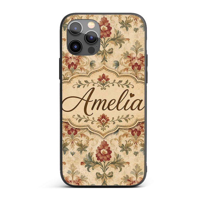 Vintage Damask Floral Motif Soft Printed Design Custom Name Protective Phone Case Mobile Cover Durable Everyday Smartphone Shock Resistant