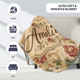 Vintage Damask Floral Motif Soft Neutral Background Seamless Pattern  Personalised Custom Name Super Soft Fleece Blanket Bed Sofa Throw