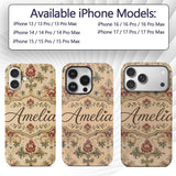 Vintage Damask Floral Motif Soft Printed Design Custom Name Protective Phone Case Mobile Cover Durable Everyday Smartphone Shock Resistant