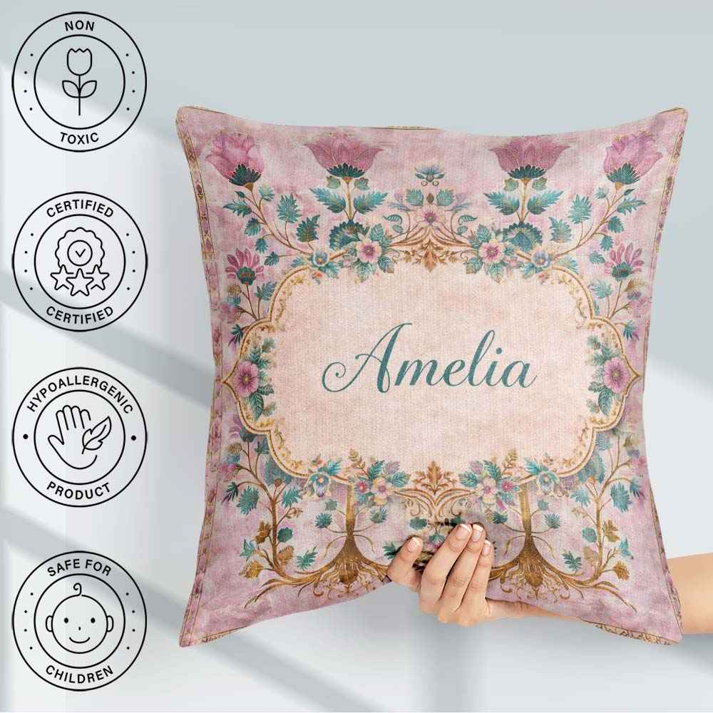 Custom Name Soft Pink Teal Tree of Life Floral Pattern Botanical Square Filled Cushion Throw Pillow Sofa Bed Home Decor Zip Washable UK Made