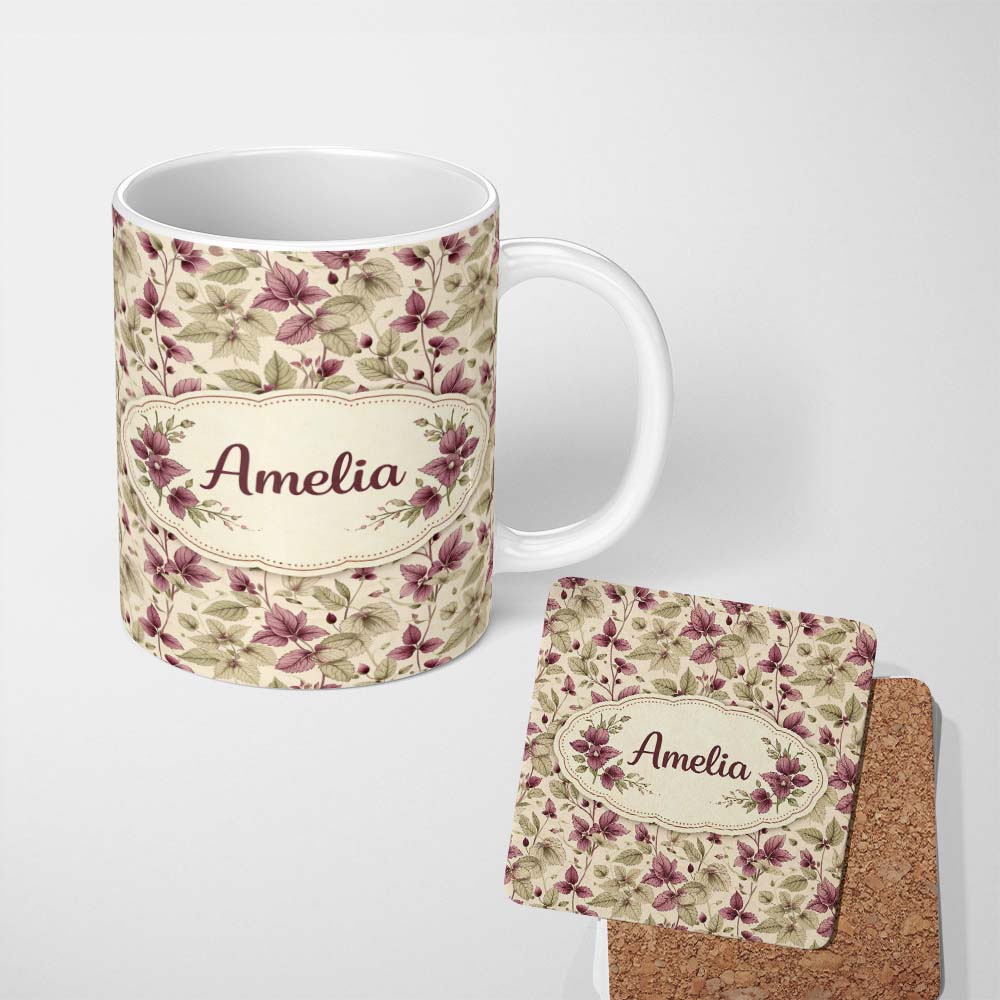 Personalized Custom Name Tropical Red Green Foliage Botanical Seamless Pattern Lovely 11oz Ceramic Coffee Tea Mug White Large Handle