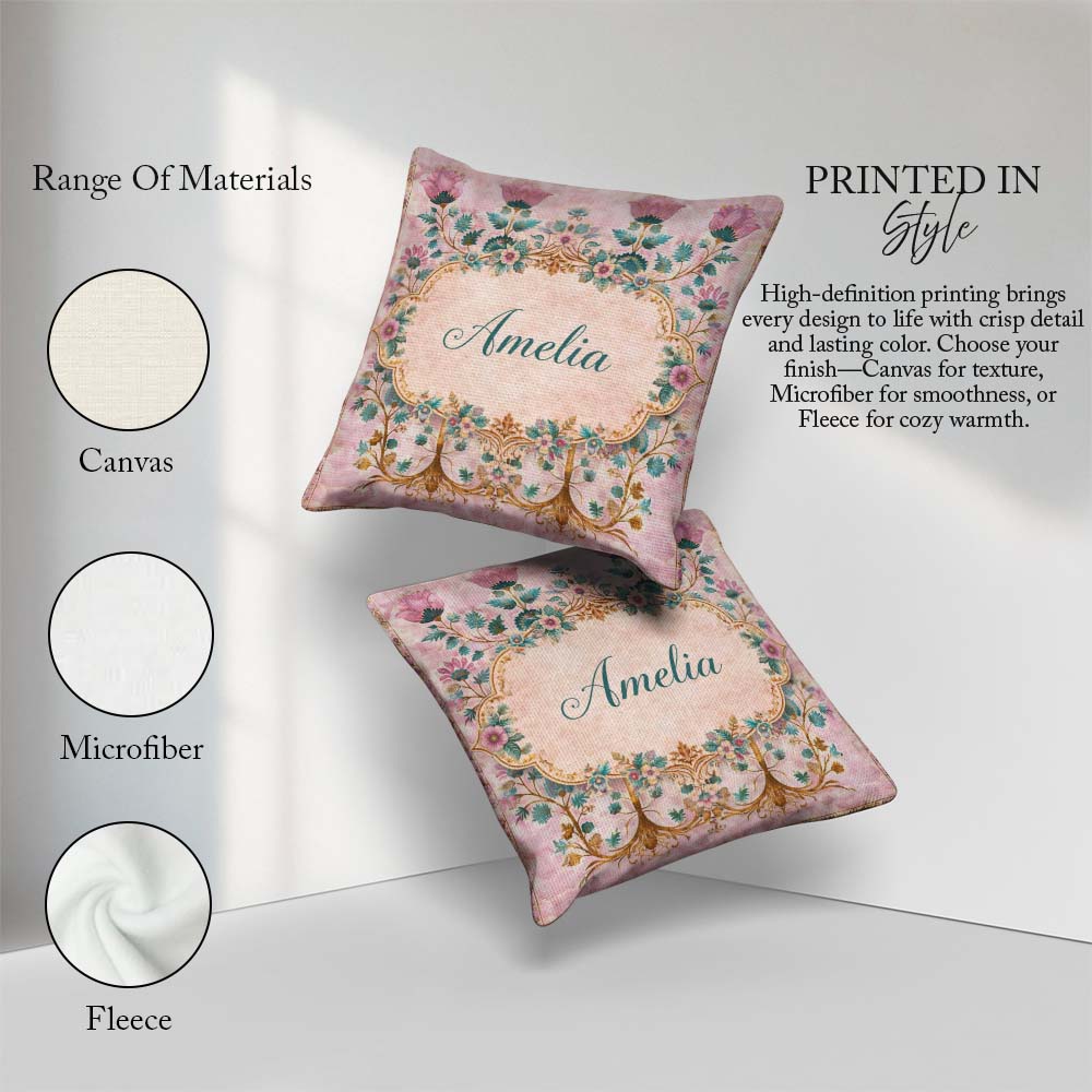 Custom Name Soft Pink Teal Tree of Life Floral Pattern Botanical Square Filled Cushion Throw Pillow Sofa Bed Home Decor Zip Washable UK Made