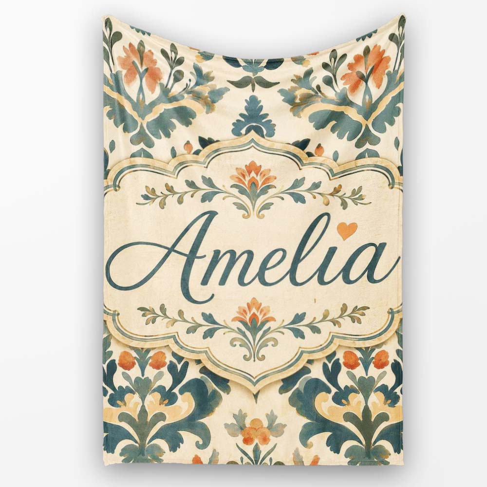 Classic Ornamental Damask Floral Symmetry Seamless Pattern Lovely  Personalised Custom Name Super Soft Fleece Blanket Bed Sofa Throw