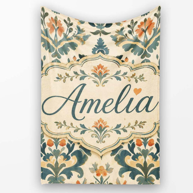 Classic Ornamental Damask Floral Symmetry Seamless Pattern Lovely  Personalised Custom Name Super Soft Fleece Blanket Bed Sofa Throw
