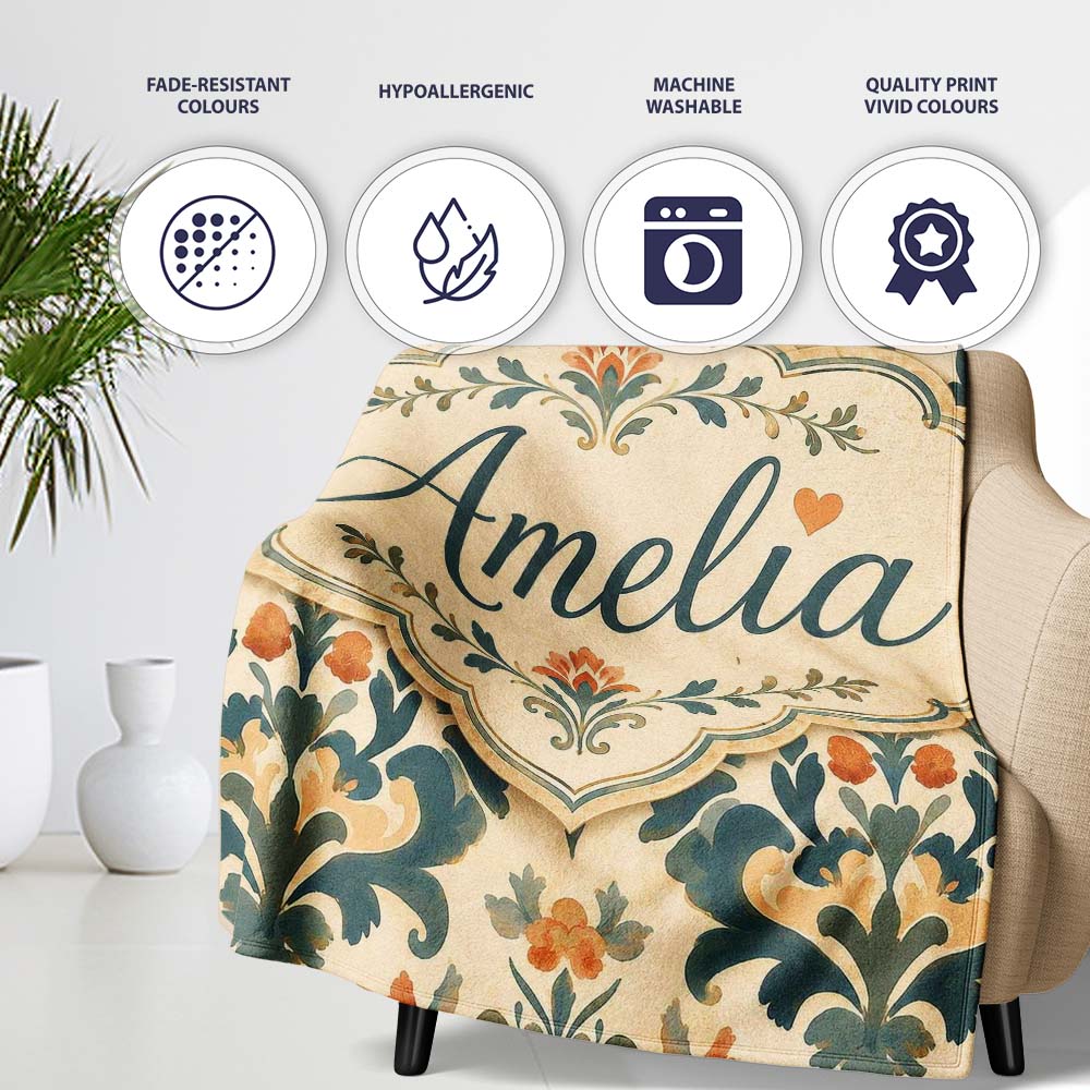 Classic Ornamental Damask Floral Symmetry Seamless Pattern Lovely  Personalised Custom Name Super Soft Fleece Blanket Bed Sofa Throw