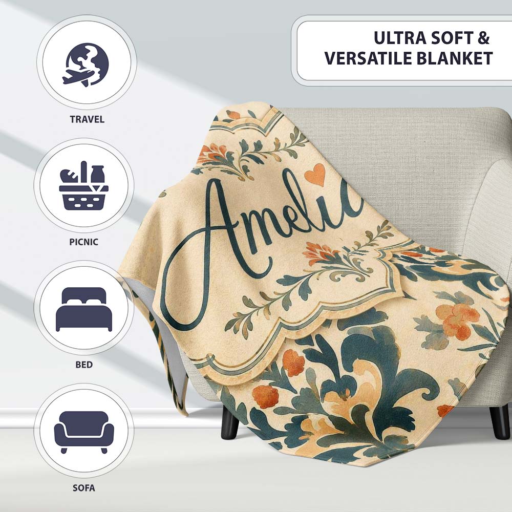 Classic Ornamental Damask Floral Symmetry Seamless Pattern Lovely  Personalised Custom Name Super Soft Fleece Blanket Bed Sofa Throw