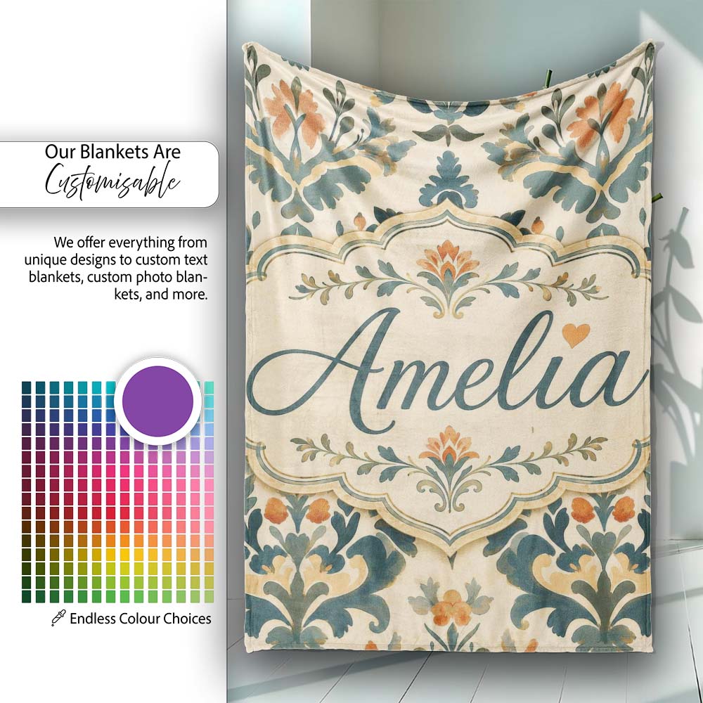 Classic Ornamental Damask Floral Symmetry Seamless Pattern Lovely  Personalised Custom Name Super Soft Fleece Blanket Bed Sofa Throw