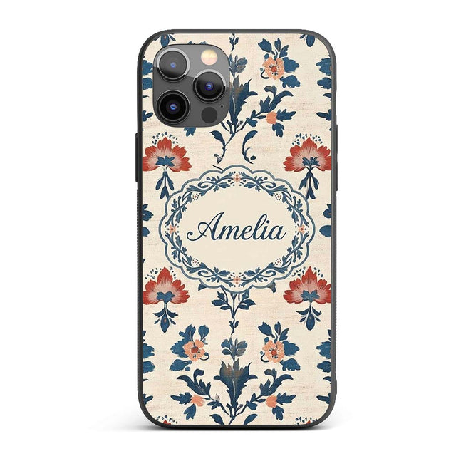 Traditional Blue Red Floral Folk Art Seamless Custom Name Protective Phone Case Mobile Cover Durable Everyday Smartphone Shock Resistant