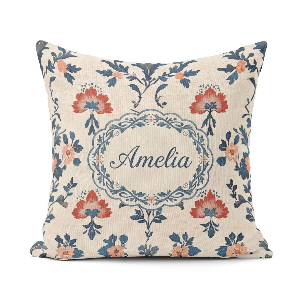 Custom Name Traditional Blue Red Floral Folk Art Seamless Lovely Square Filled Cushion Throw Pillow Sofa Bed Home Decor Zip Washable UK Made