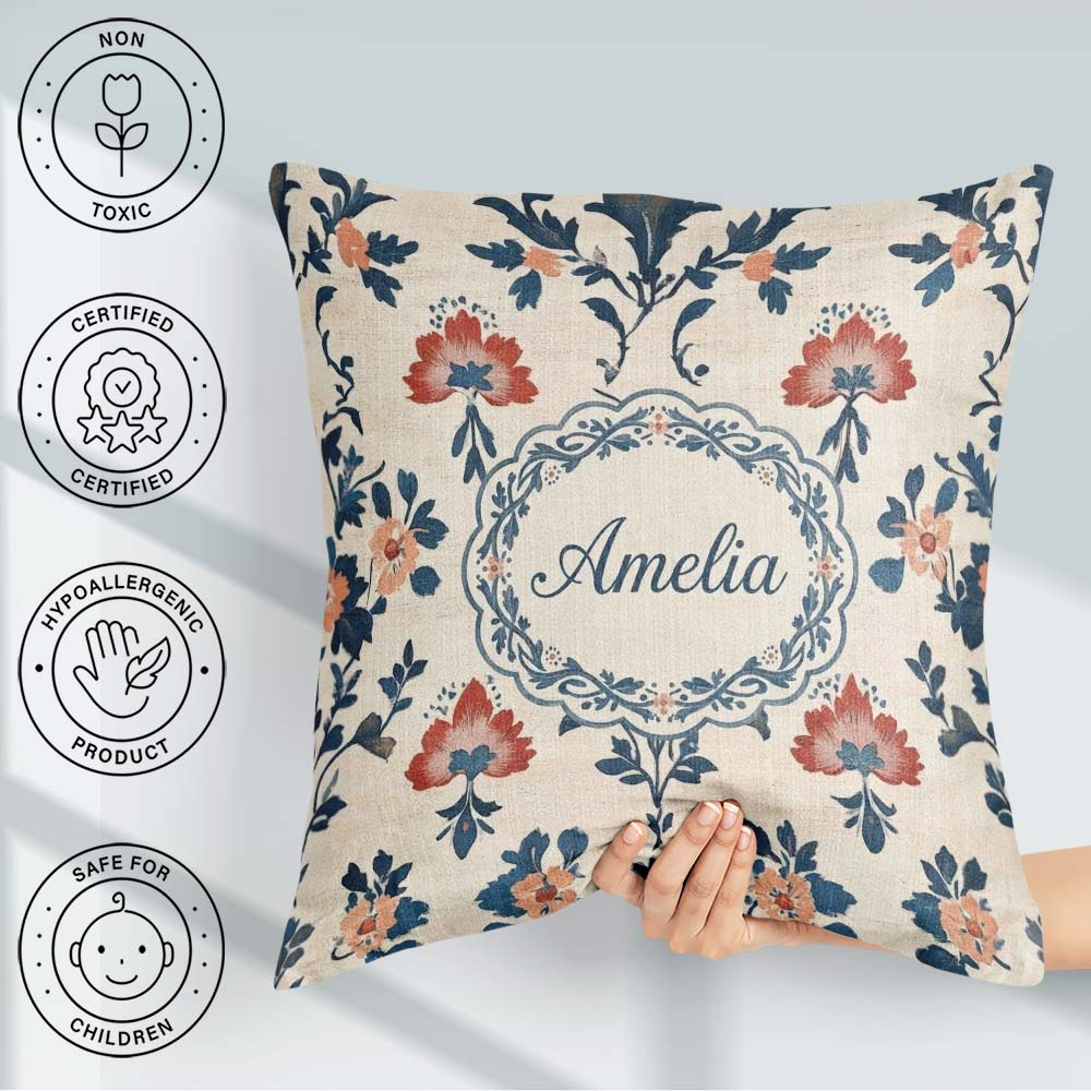Custom Name Traditional Blue Red Floral Folk Art Seamless Lovely Square Filled Cushion Throw Pillow Sofa Bed Home Decor Zip Washable UK Made