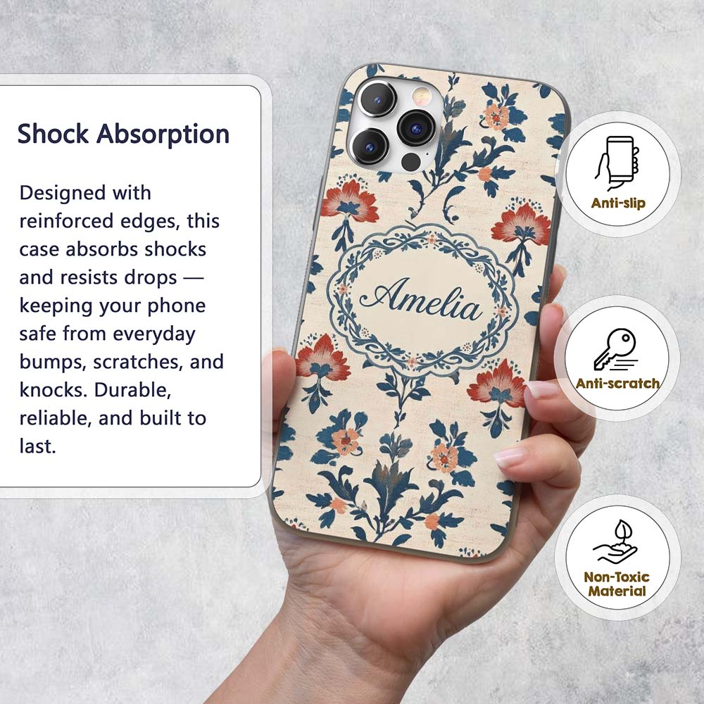 Traditional Blue Red Floral Folk Art Seamless Custom Name Protective Phone Case Mobile Cover Durable Everyday Smartphone Shock Resistant