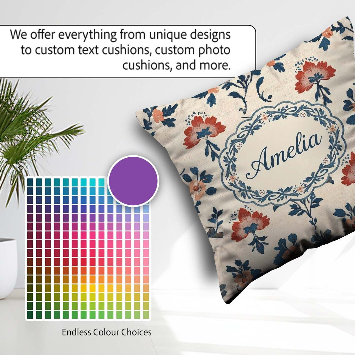 Custom Name Traditional Blue Red Floral Folk Art Seamless Lovely Square Filled Cushion Throw Pillow Sofa Bed Home Decor Zip Washable UK Made