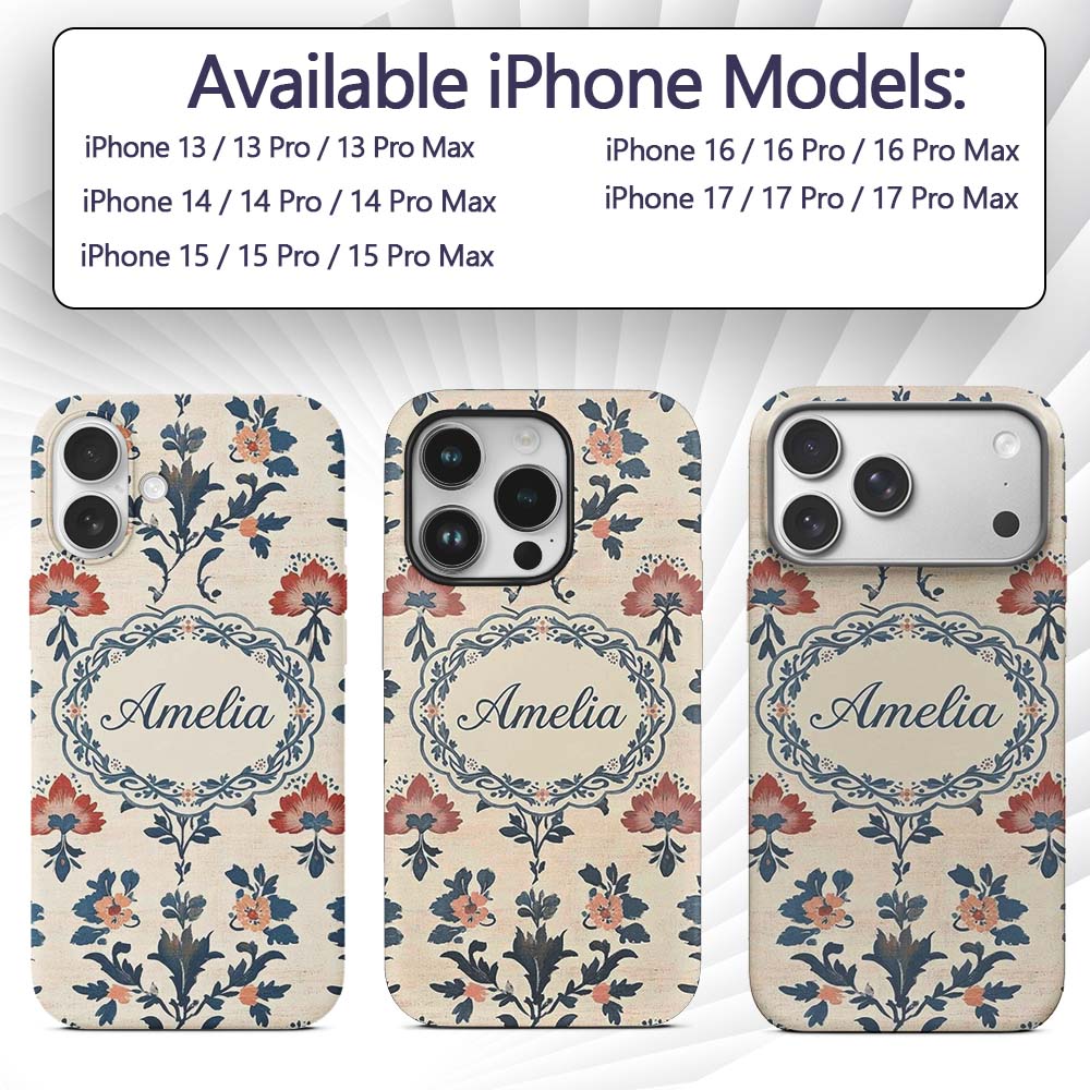 Traditional Blue Red Floral Folk Art Seamless Custom Name Protective Phone Case Mobile Cover Durable Everyday Smartphone Shock Resistant