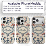 Traditional Blue Red Floral Folk Art Seamless Custom Name Protective Phone Case Mobile Cover Durable Everyday Smartphone Shock Resistant