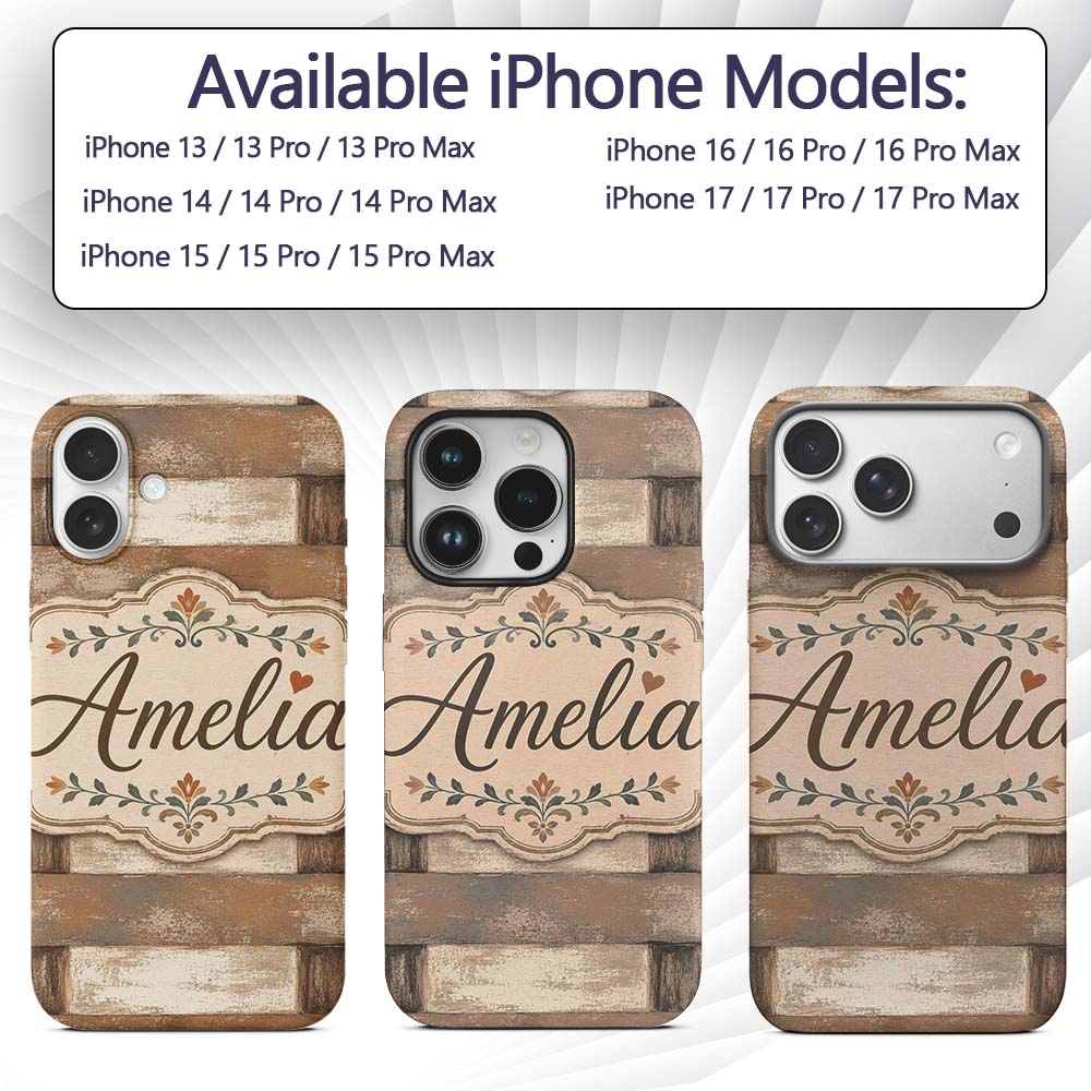 Rustic Wooden Plank Texture Decorative Design Custom Name Protective Phone Case Mobile Cover Durable Everyday Smartphone Shock Resistant