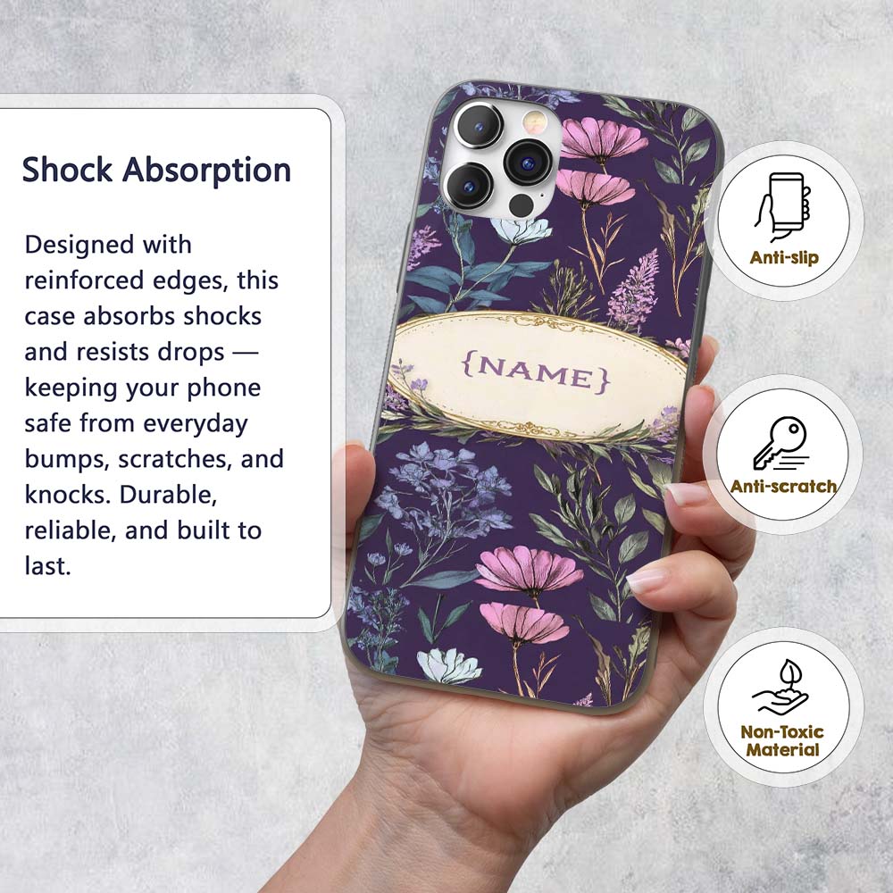 Elegant Tropical Floral Leaves Blue Background Custom Name Protective Phone Case Mobile Cover Durable Everyday Smartphone Shock Resistant