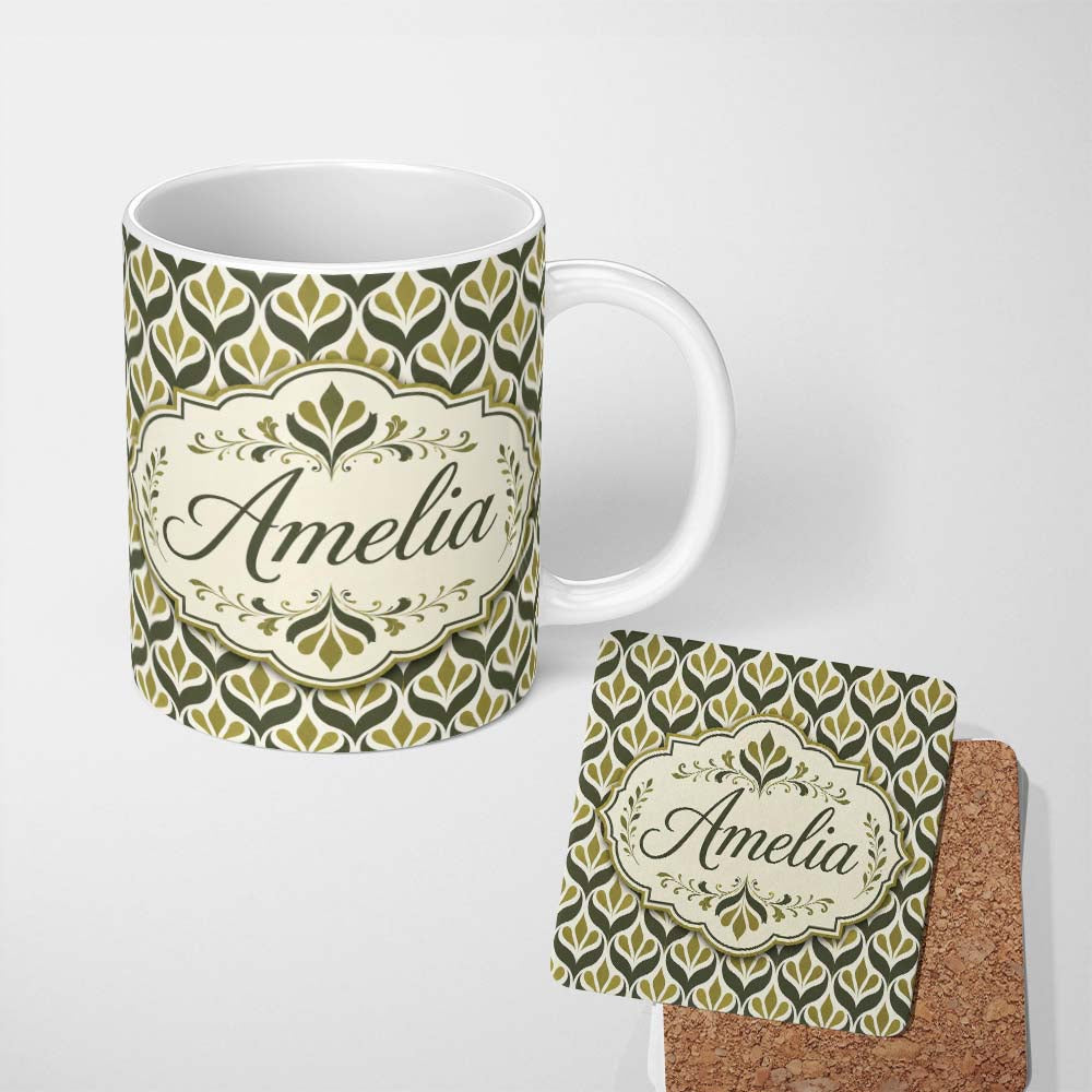 Personalized Custom Name Olive and Black Floral Damask Seamless Pattern Mid Century Style 11oz Ceramic Coffee Tea Mug White Large Handle