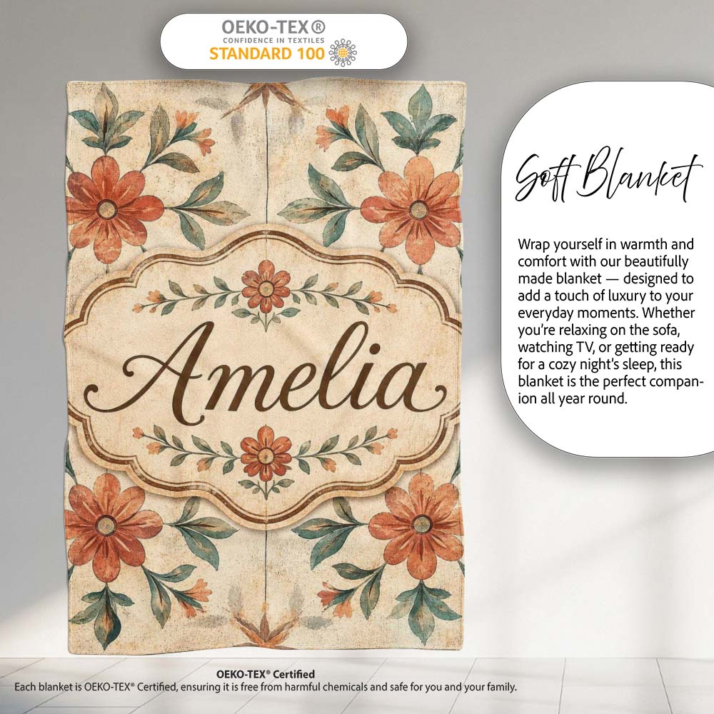 Vintage Tile Style Floral Motif Soft Neutral Seamless Pattern Lovely  Personalised Custom Name Super Soft Fleece Blanket Bed Sofa Throw