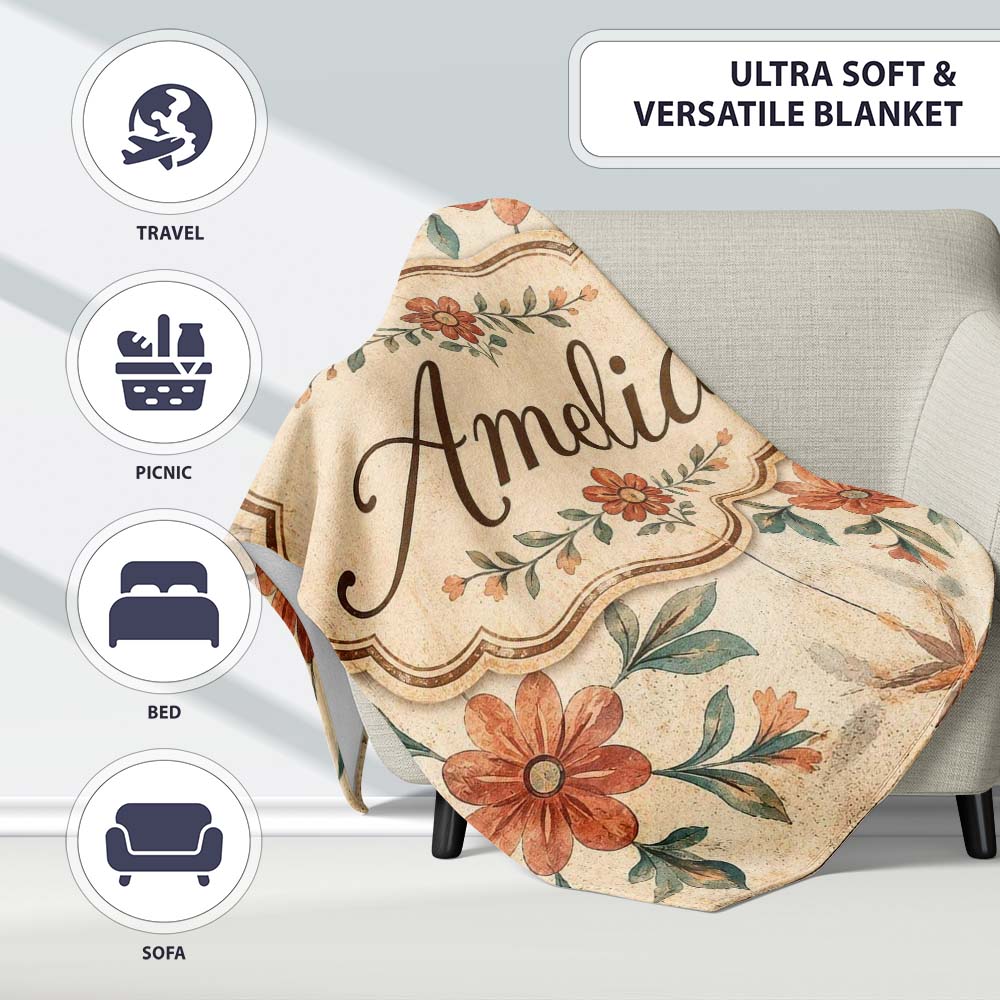 Vintage Tile Style Floral Motif Soft Neutral Seamless Pattern Lovely  Personalised Custom Name Super Soft Fleece Blanket Bed Sofa Throw