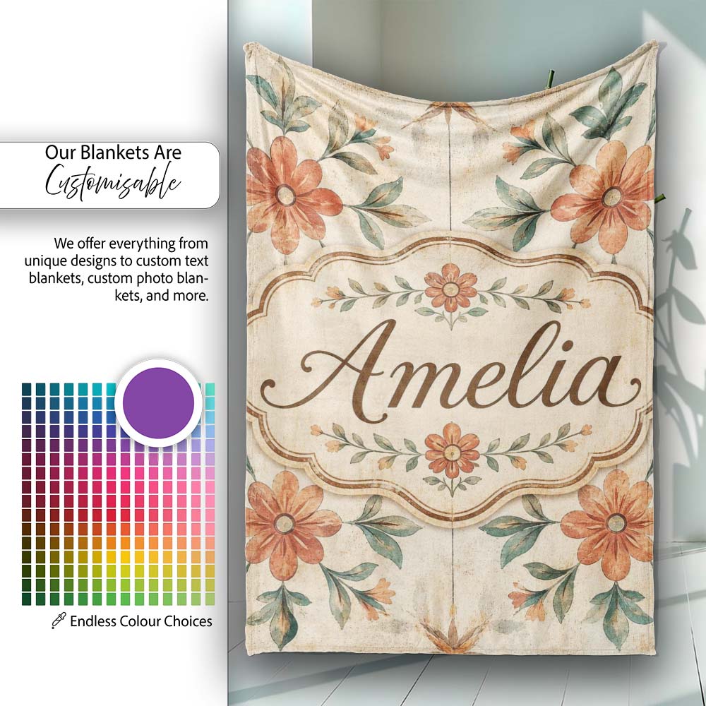 Vintage Tile Style Floral Motif Soft Neutral Seamless Pattern Lovely  Personalised Custom Name Super Soft Fleece Blanket Bed Sofa Throw
