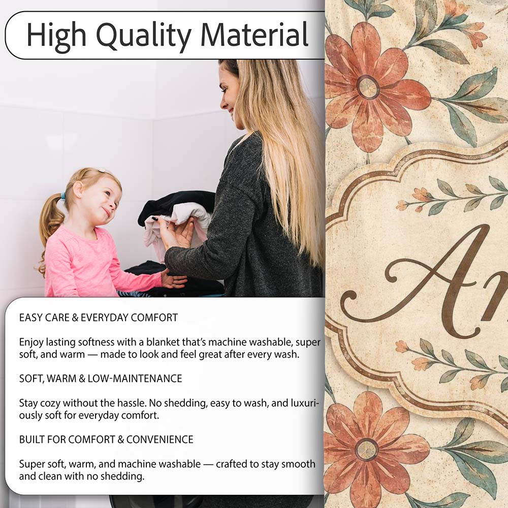 Vintage Tile Style Floral Motif Soft Neutral Seamless Pattern Lovely  Personalised Custom Name Super Soft Fleece Blanket Bed Sofa Throw