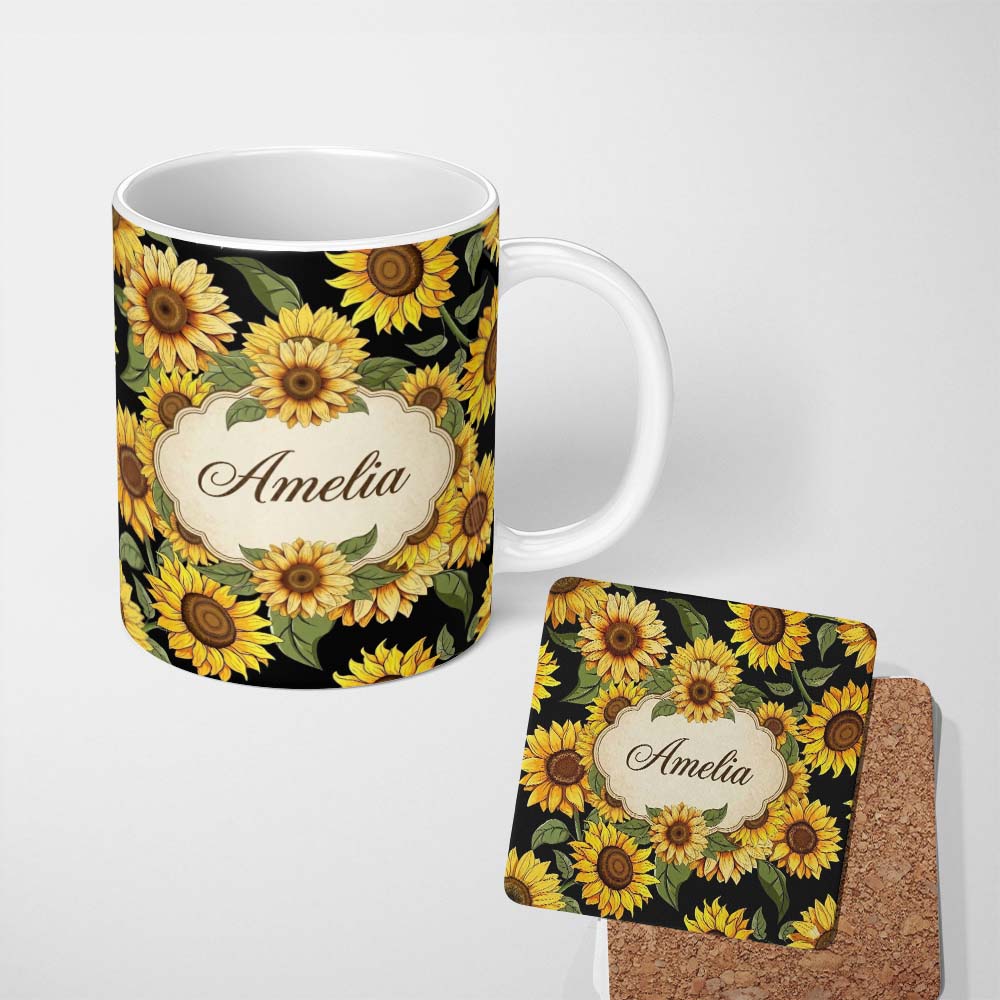 Personalized Custom Name Bright Sunflower Blooms with Green Leaves on White Background Lovely 11oz Ceramic Coffee Tea Mug White Large Handle