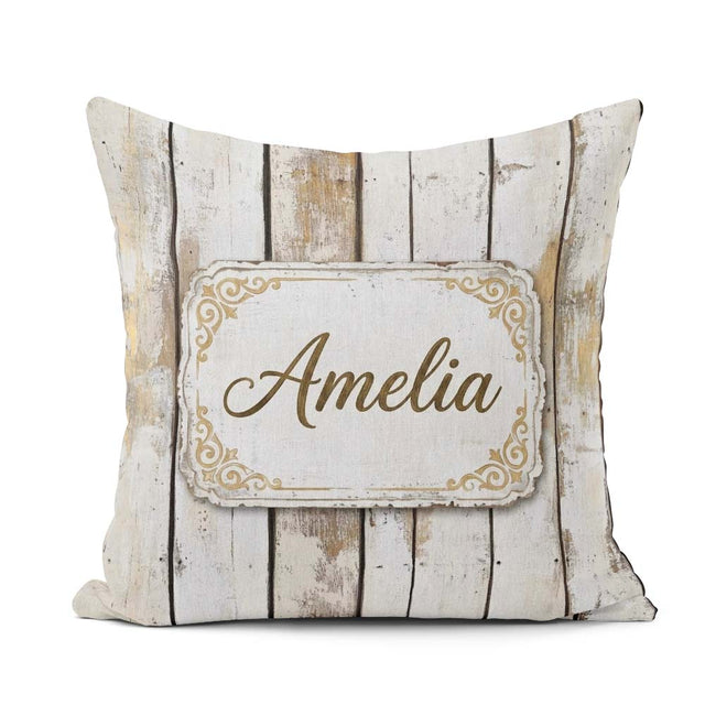 Custom Name Vertical Wooden Planks Whitewashed Distressed Lovely Square Filled Cushion Throw Pillow Sofa Bed Home Decor Zip Washable UK Made