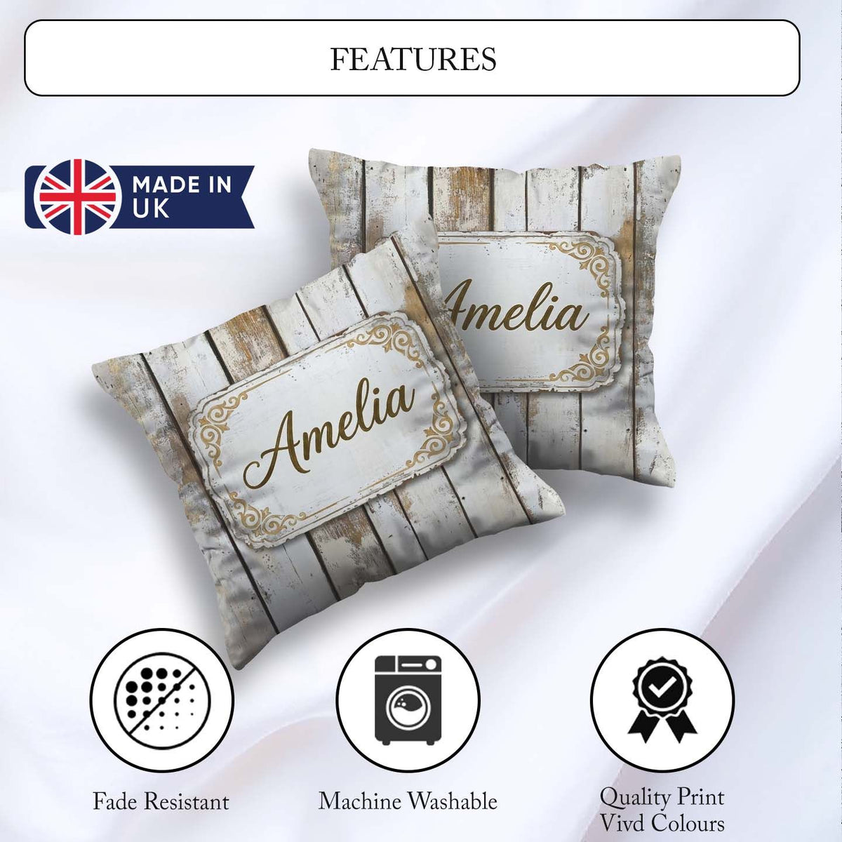 Custom Name Vertical Wooden Planks Whitewashed Distressed Lovely Square Filled Cushion Throw Pillow Sofa Bed Home Decor Zip Washable UK Made