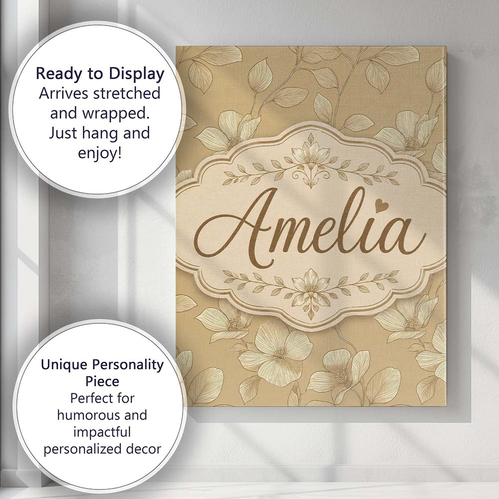 Personalised Name Elegant Beige Floral Line Custom  Bespoke Interior Contemporary Canvas Wall Art Print Decor Picture Ready to Hang