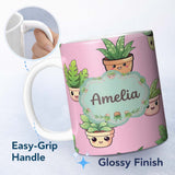 Personalized Custom Name Cute Kawaii Smiling Plant Pots Leaves Seamless Pattern Pink Lovely 11oz Ceramic Coffee Tea Mug White Large Handle