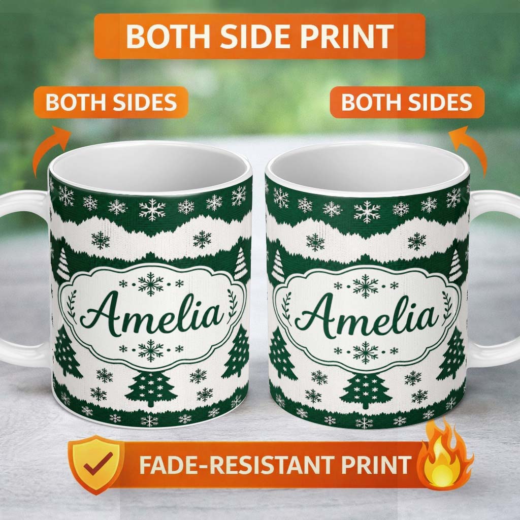 Personalized Custom Name Green White Snowflakes Christmas Trees Winter Seamless Pattern 11oz Ceramic Coffee Tea Mug White Large Handle