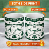 Personalized Custom Name Green White Snowflakes Christmas Trees Winter Seamless Pattern 11oz Ceramic Coffee Tea Mug White Large Handle