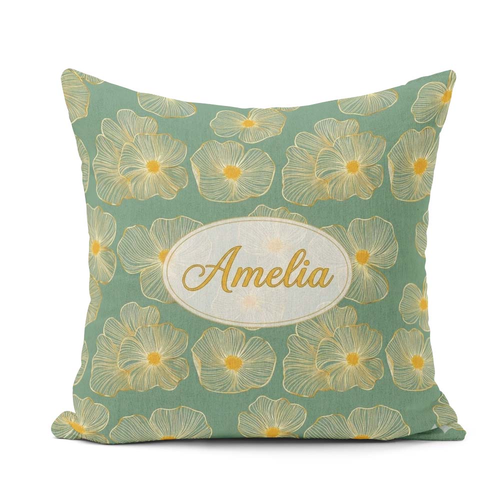 Custom Name Luxury Teal Background Gold Floral Blossoms Seamless Square Filled Cushion Throw Pillow Sofa Bed Home Decor Zip Washable UK Made