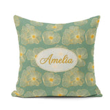 Custom Name Luxury Teal Background Gold Floral Blossoms Seamless Square Filled Cushion Throw Pillow Sofa Bed Home Decor Zip Washable UK Made