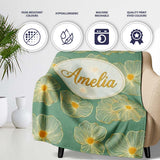 Luxury Teal Background Gold Line Floral Blossoms Elegant Seamless  Personalised Custom Name Super Soft Fleece Blanket Bed Sofa Throw