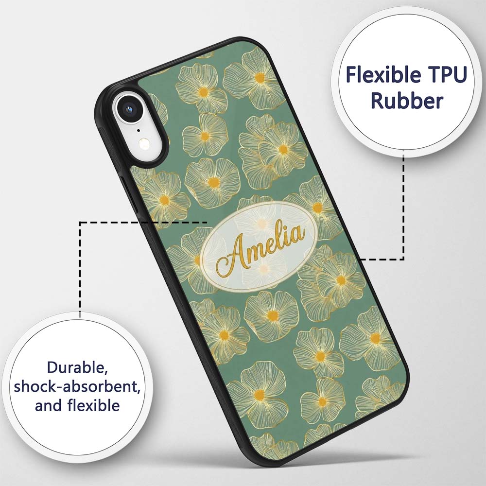 Luxury Teal Background Gold Line Floral Blossoms Custom Name Protective Phone Case Mobile Cover Durable Everyday Smartphone Shock Resistant