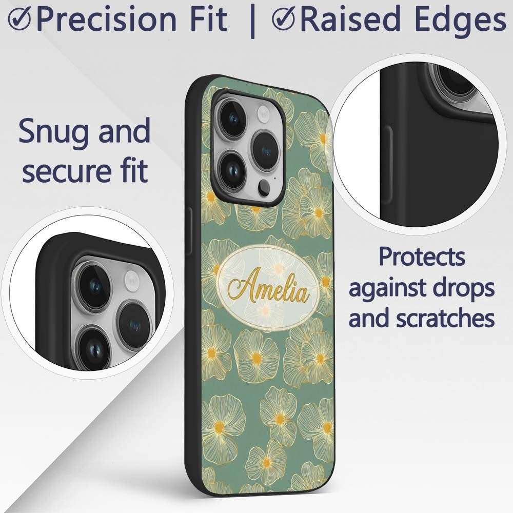 Luxury Teal Background Gold Line Floral Blossoms Custom Name Protective Phone Case Mobile Cover Durable Everyday Smartphone Shock Resistant