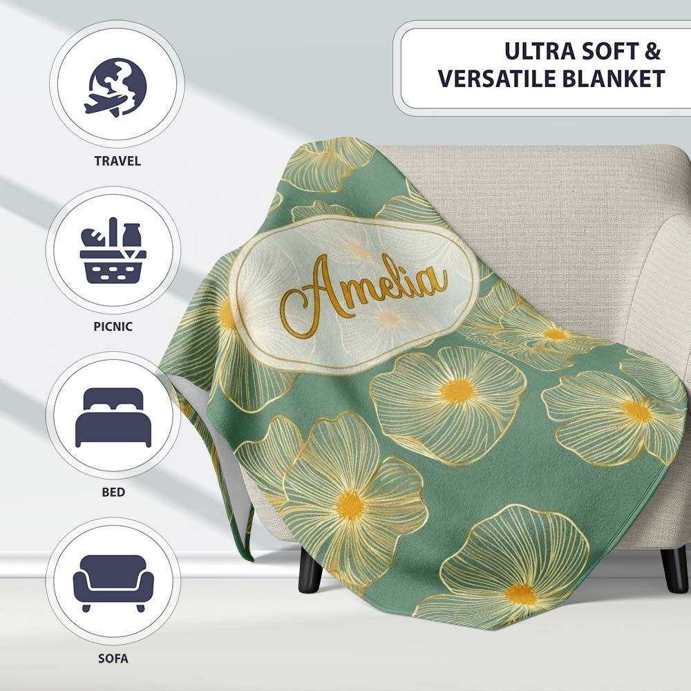 Luxury Teal Background Gold Line Floral Blossoms Elegant Seamless  Personalised Custom Name Super Soft Fleece Blanket Bed Sofa Throw