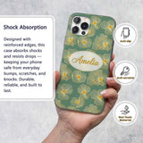 Luxury Teal Background Gold Line Floral Blossoms Custom Name Protective Phone Case Mobile Cover Durable Everyday Smartphone Shock Resistant
