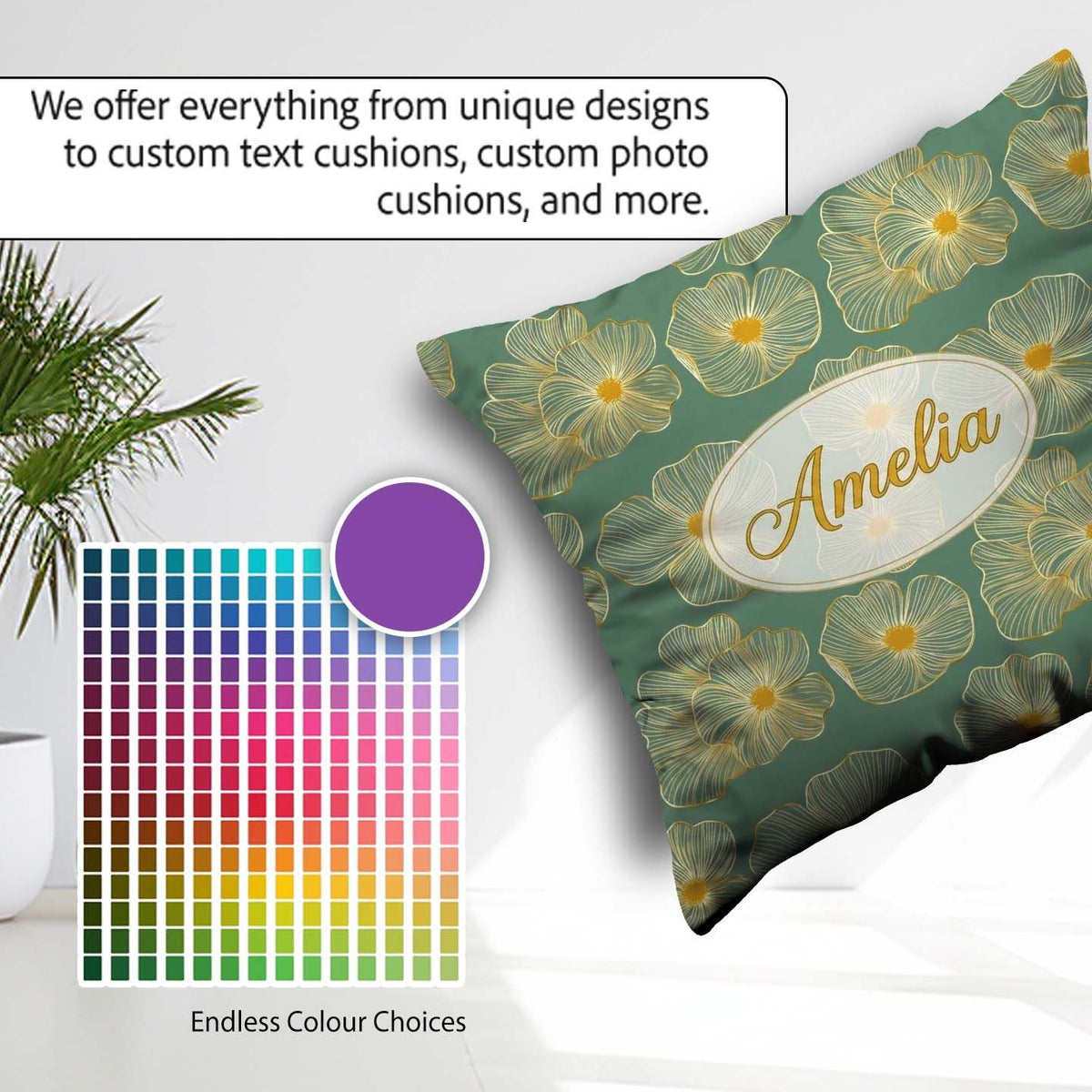 Custom Name Luxury Teal Background Gold Floral Blossoms Seamless Square Filled Cushion Throw Pillow Sofa Bed Home Decor Zip Washable UK Made