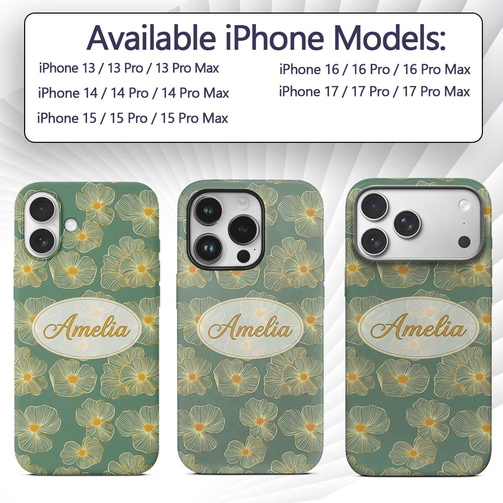 Luxury Teal Background Gold Line Floral Blossoms Custom Name Protective Phone Case Mobile Cover Durable Everyday Smartphone Shock Resistant