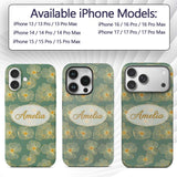 Luxury Teal Background Gold Line Floral Blossoms Custom Name Protective Phone Case Mobile Cover Durable Everyday Smartphone Shock Resistant