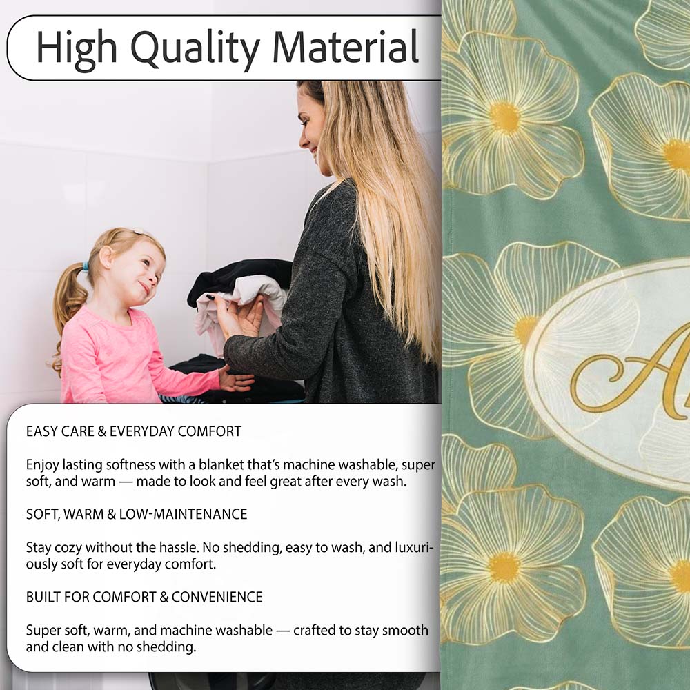 Luxury Teal Background Gold Line Floral Blossoms Elegant Seamless  Personalised Custom Name Super Soft Fleece Blanket Bed Sofa Throw