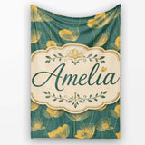 Art Deco Inspired Gold Floral Outline on Deep Teal Background Lovely  Personalised Custom Name Super Soft Fleece Blanket Bed Sofa Throw